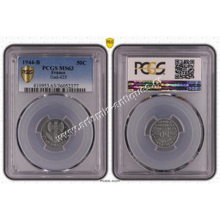 50 Centimes 1944 B PCGS MS63 Gad-425 France