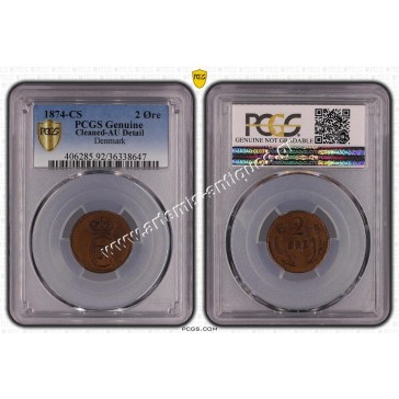2 Ore 1874 CS PCGS Genuine Cleaned AU Detail Δανία