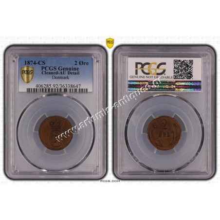 2 Ore 1874 CS PCGS Genuine Cleaned AU Detail Denmark