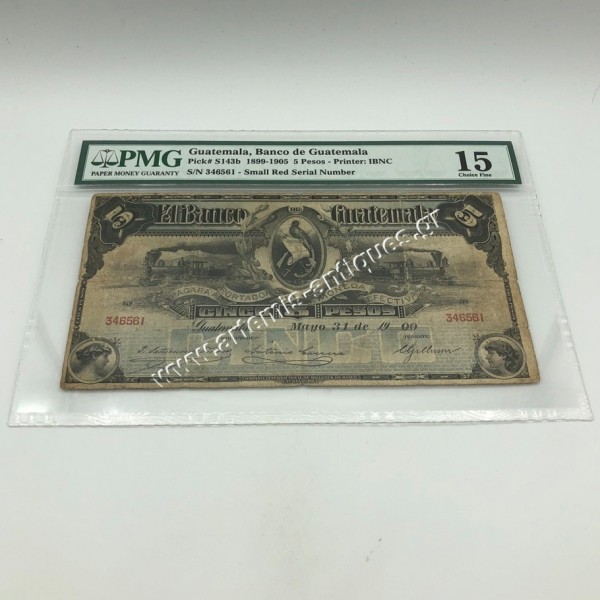 5 Pesos 1899-1905 P-S143b PMG15 Choise Fine Guatemala