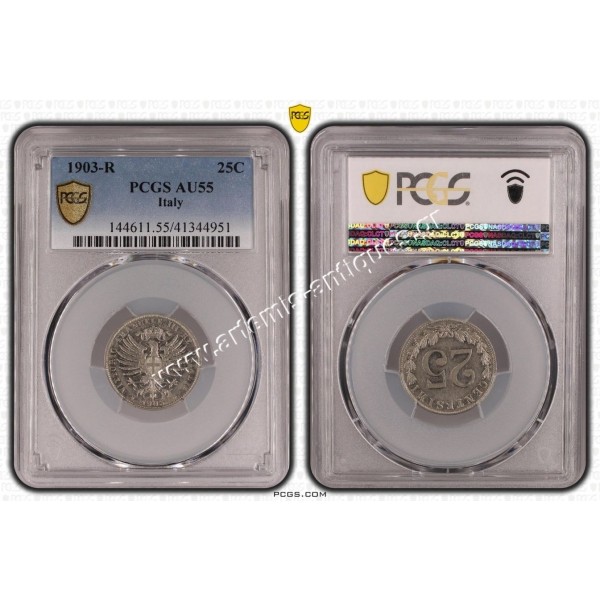 25 Centesimi 1903-R Vittorio Emanuele PCGS AU55 Italy