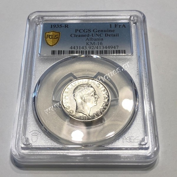 1 Frang 1935 R Zog I PCGS Genuine Cleaned UNC Detail Albania