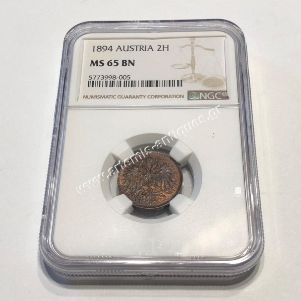 2 Heller 1894 Franz Joseph I NGC MS 65 BN Αυστρία