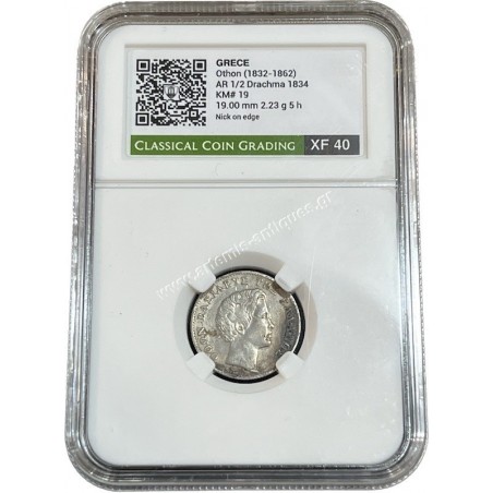 1/2 Drachma 1834 Όθωνας CCG XF40 Nick on Edge