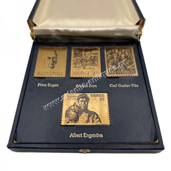 Stamp plaques 4 bronze Swedish artists in box