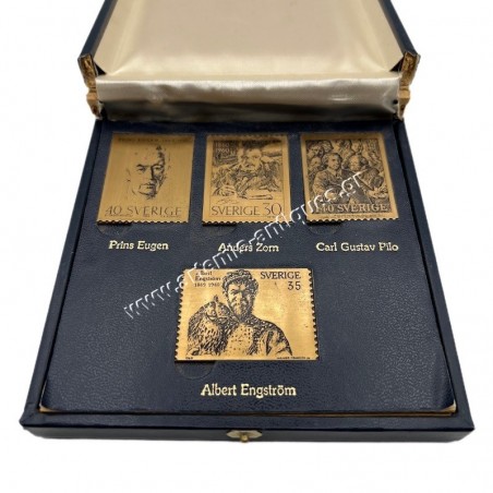 Stamp plaques 4 bronze Swedish artists in box