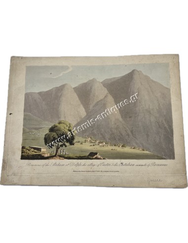 Remains of the Stadium at Delphi, the village of Castri and the Castalian summits of the Parnassus 1813 Engraving