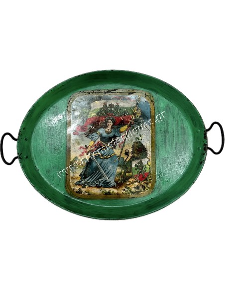 Chromolithography of Greece holding Bulgarian Flag on Metallic Tray 1910s