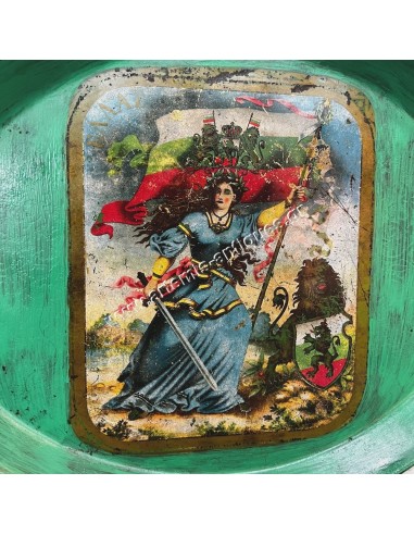 Chromolithography of Greece holding Bulgarian Flag on Metallic Tray 1910s