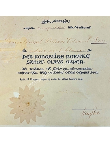 Knight 1st Class of the Order of St. Olav Award 1953 Norway