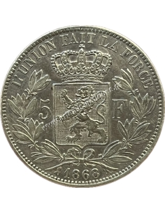 5 Francs 1868 XF+ Leopold II Βέλγιο, Μικρό Κεφάλι 2