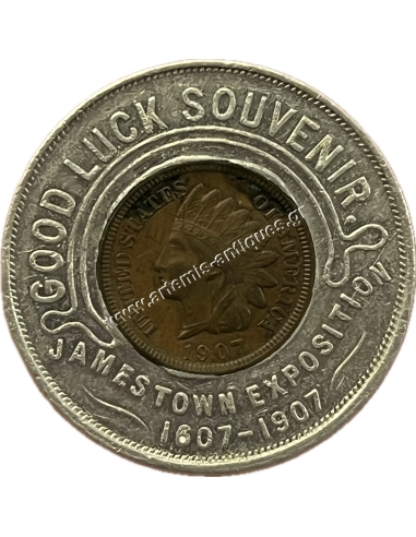 Good Luck Souvenir Jamestown Exposition 1607-1907, Lucky Penny Pocket Piece, Encased Indian Head Cent Token