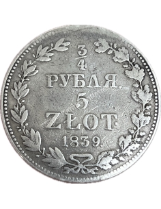 5 Zlotys / 3/4 Ruble 1839 MW Nicholas I Congress Kingdom of Poland 2