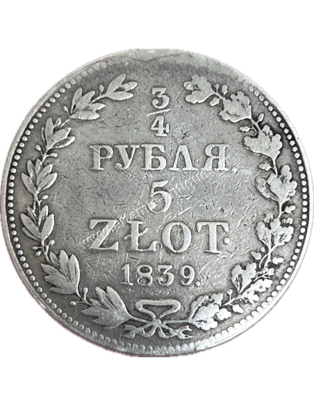 5 Zlotys / 3/4 Ruble 1839 MW Nicholas I Κογκρέσο Βασίλειο της Πολωνίας