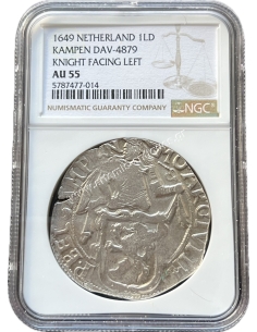 1 Lion Daalder 1649 Kampen DAV-4879 Knight Facing Left Netherland NGC AU55