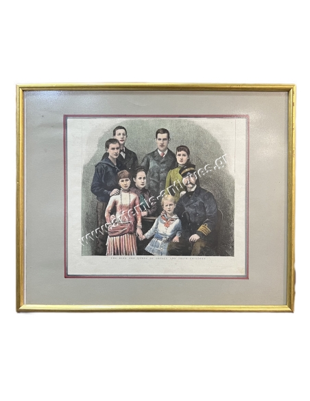 The King and Queen of Greece and their children, coloured gravure