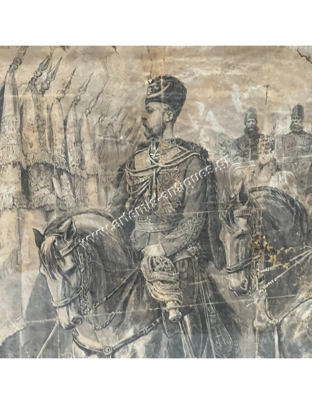 Tsar Alexander II and his wife visit the Camp de Chalons in France in 1867, Lithograph