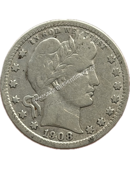 1/4 Dollar 1908 D Barber Quarter