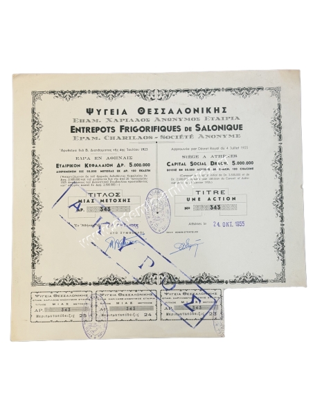 Ψυγεία Θεσσαλονίκης Τίτλος 1 Μετοχής 1955