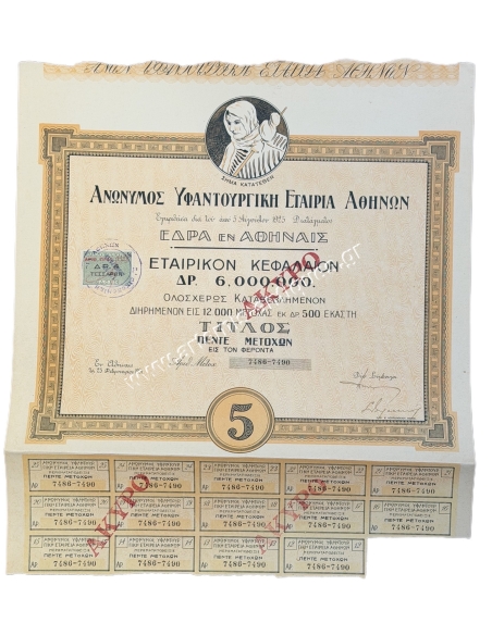 Ανώνυμος Υφαντουργική Εταιρία Αθηνών Τίτλος 5 Μετοχών 1931