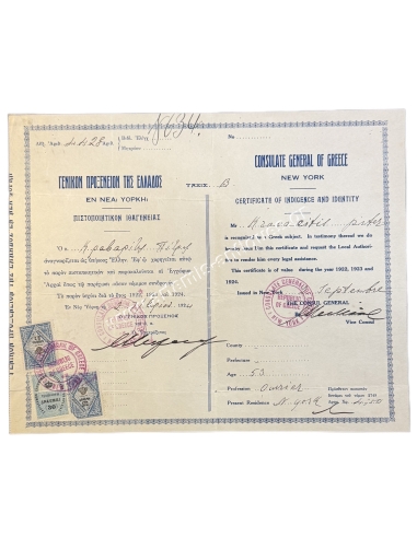 Πιστοποιητικόν Ιθαγένειας 1924, Γενικόν Προξενείον της Ελλάδος εν Νέα Υόρκη