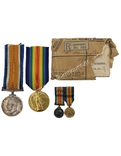 Awarded British WWI War Medal and Interallied Victory Medal in original box and envelope and Miniature Medals Bar
