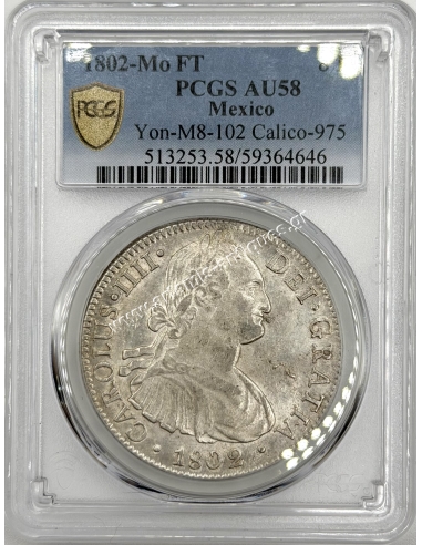 8 Reales 1802 -Mo FT Charles IV Mexico PCGS AU58 Yon M8-102 Calico 975