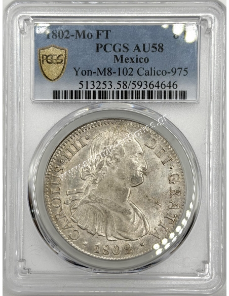 8 Reales 1802 -Mo FT Charles IV Mexico PCGS AU58 Yon M8-102 Calico 975