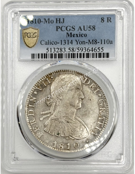 8 Reales 1810 -Mo HJ Ferdinand VII Mexico PCGS AU58 Yon M8-110a Calico 1314