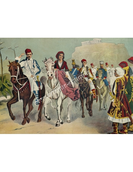 Kings Otto and Amalia with their retinue, Chromolithograph