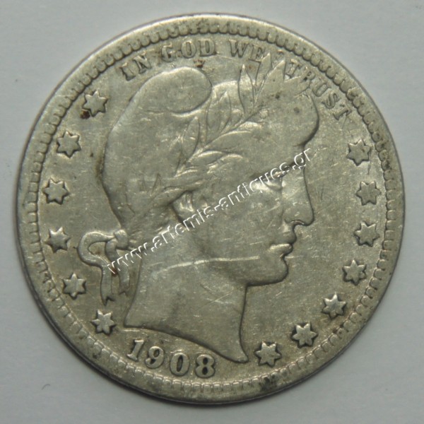 Quarter Dollar 1908 D " Barber Quarter "